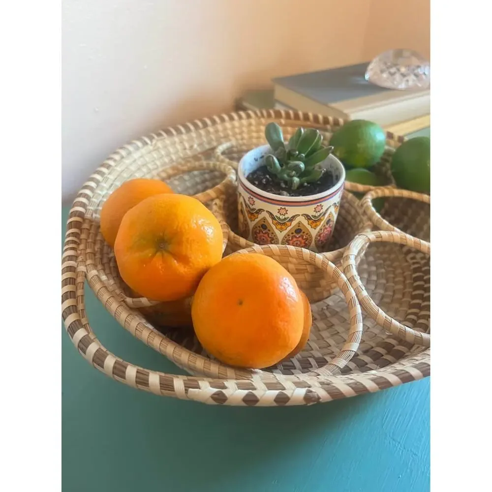 Handwoven Divided Basket Serving Tray | Fruit & Snack Caddy | 15” Diameter